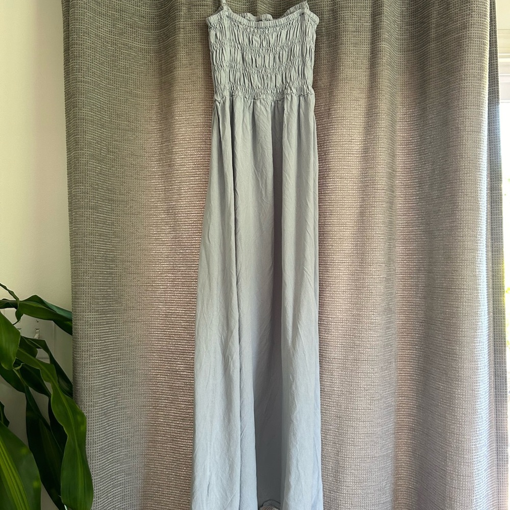 Light Blue Smocked Linen-blend Dress